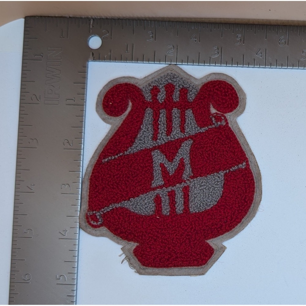 Vintage Varsity Letter M Band Music Lyre Harp Letterman Jacket Patch Red Grey